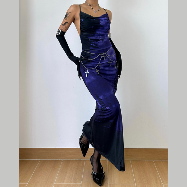 Cross back print ruched cowl neck cami maxi dress