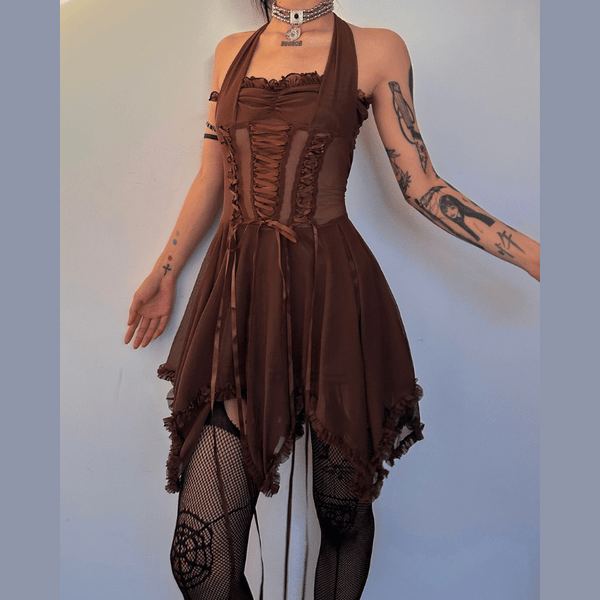 Halter lace up ruffle ruched mesh mini dress