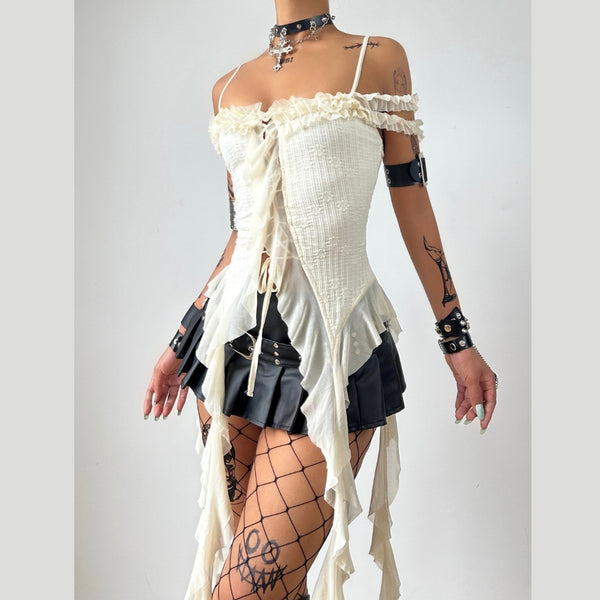 Off shoulder ruffle solid ruched cami top