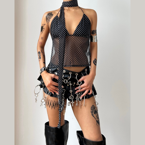 Polka dot v neck halter self tie mesh top
