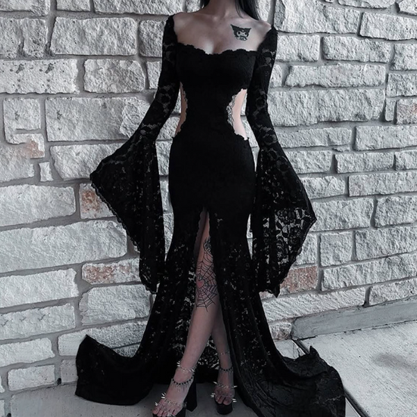 Long flared sleeve hollow out slit v neck maxi dress