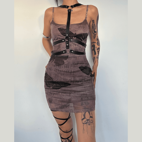 Butterfly pattern metal chain contrast cami mini dress