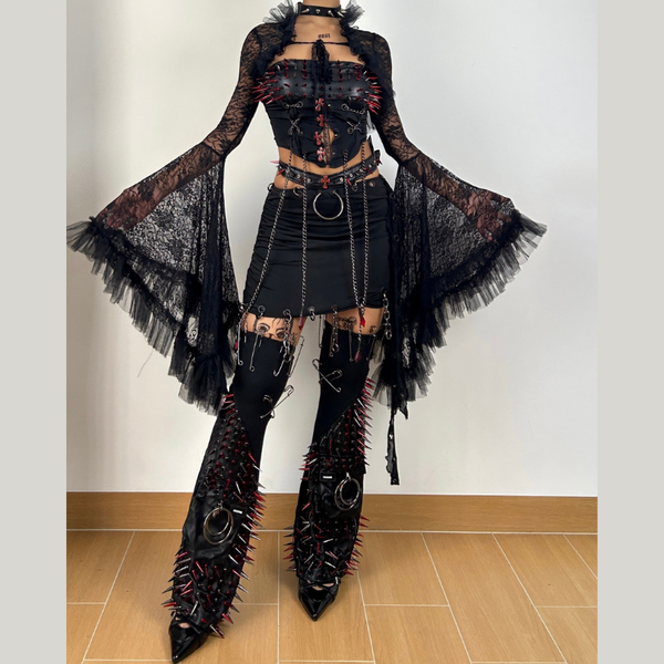 Long sleeve metal chain rivet applique mini skirt set