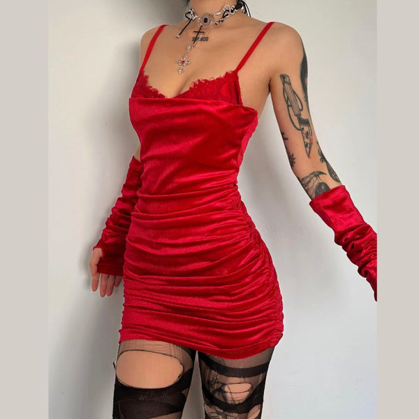 Ruched gloves velvet v neck lace hem mini dress