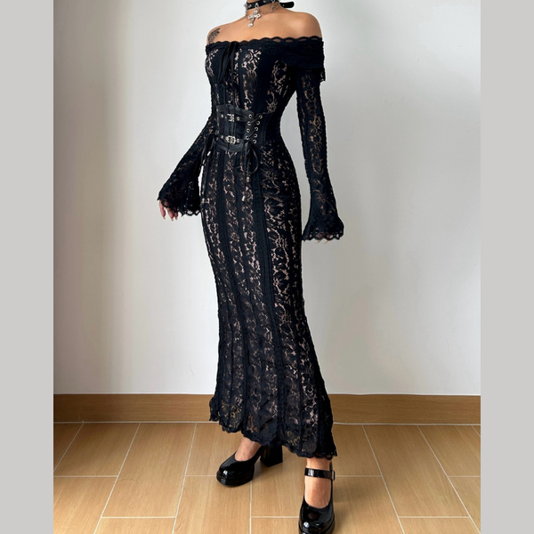 Long flared sleeve off shoulder lace self tie maxi dress