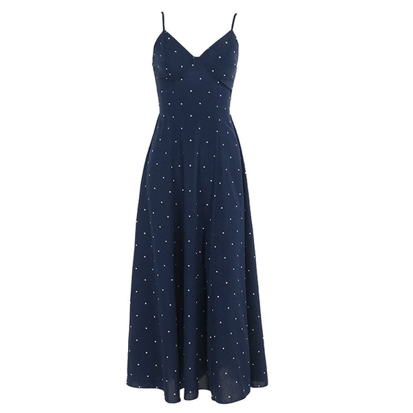 Polka dot v neck smocked contrast cami midi dress