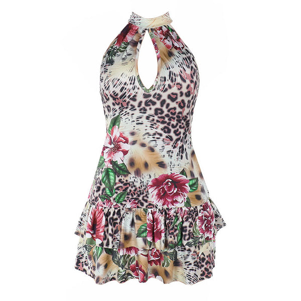 Leopard print hollow out halter self tie mini dress