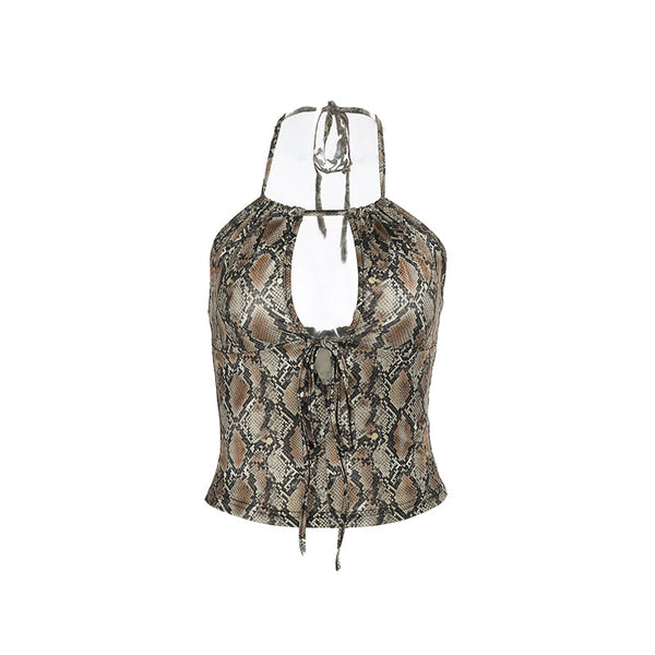 Snakeskin print halter hollow out top