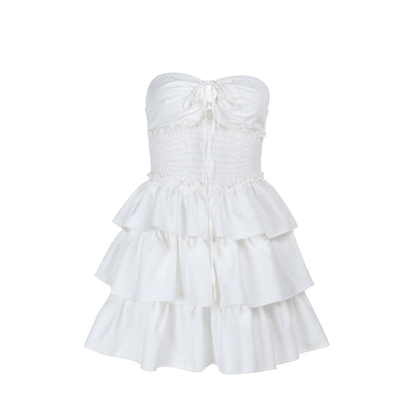 Smocked ruffle self tie mini dress