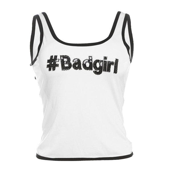 U neck "#Badgirl" pattern glitter contrast top