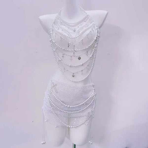 Halter beaded hollow out backless mini skirt set