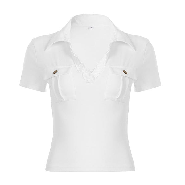 Ruffle turnover collar short sleeve pocket top