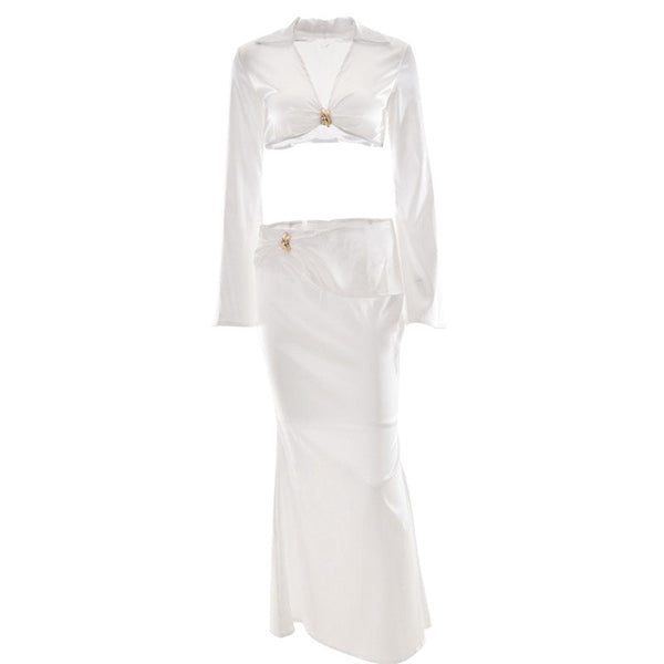 Satin long sleeve v neck maxi skirt set