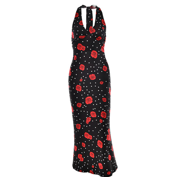 Polka dot flower print halter maxi dress