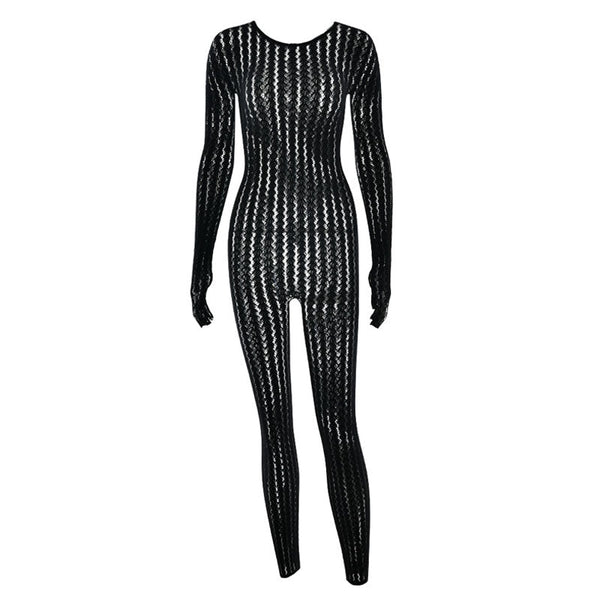 Long sleeve round neck gloves hollow out jumpsuit