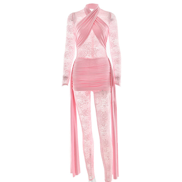 Long sleeve ruched lace patchwork jumpsuit