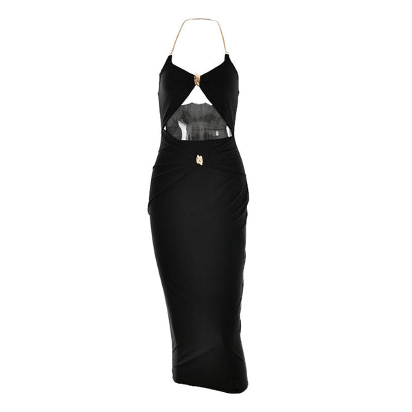 Halter metal chain hollow out ruched midi dress
