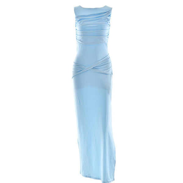 Ruched sleeveless hollow out button slit maxi dress