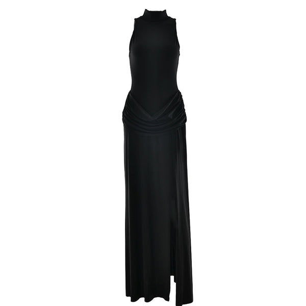 Sleeve zip-up high slit ruched maxi dress