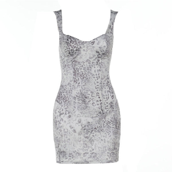 Leopard print v neck backless tank mini dress