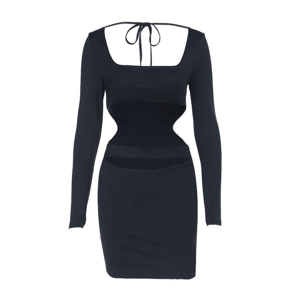 Long sleeve hollow out square neck self tie mini dress