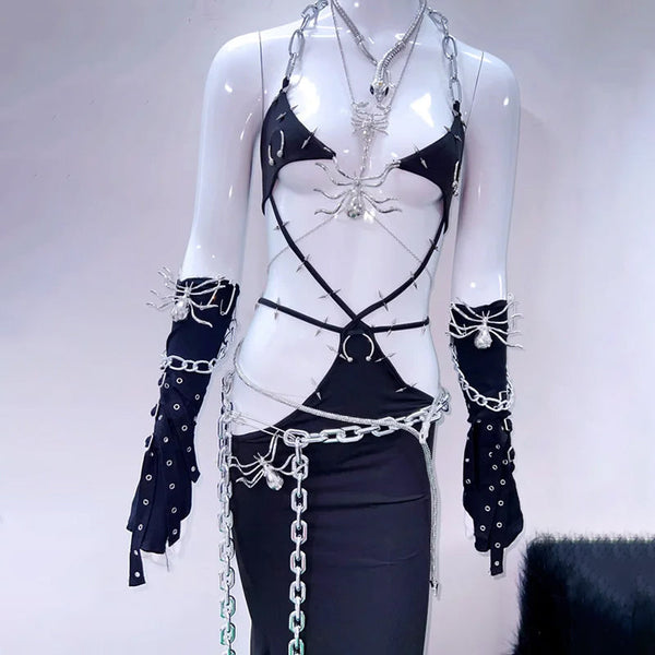 Halter metal chain spider applique hollow out dress