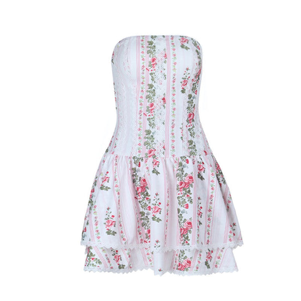 Lace hem flower print zip-up tube mini dress