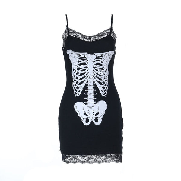 Lace hem v neck skeleton print cami mini dress