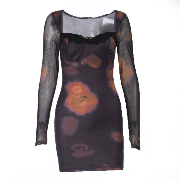 Long sleeve lace hem print v neck mini dress