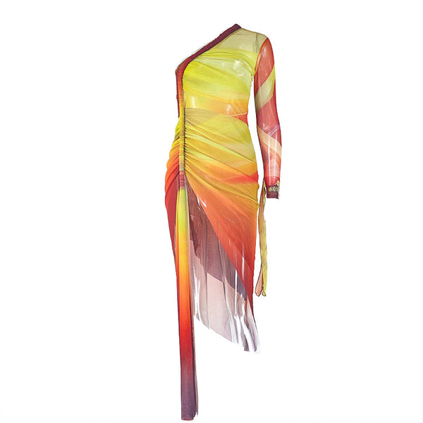 One shoulder contrast mesh slit midi dress