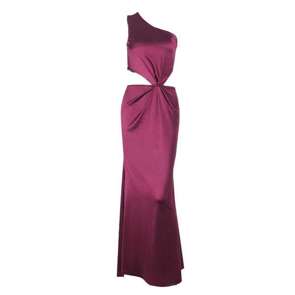 One shoulder hollow out satin zip-up maxi dress