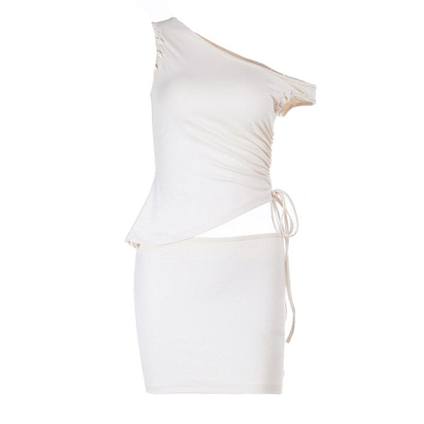 Irregular one shoulder ruched mini skirt set