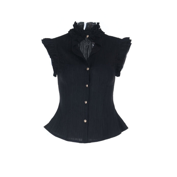 Turnover collar textured button ruffle top