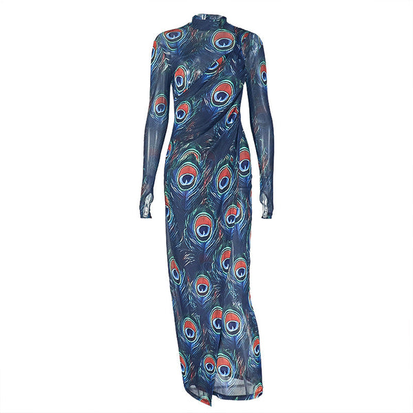 Long sleeve high neck slit abstract maxi dress