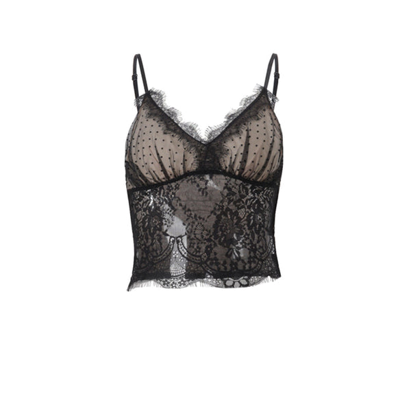 V neck polka dot smocked lace cami top