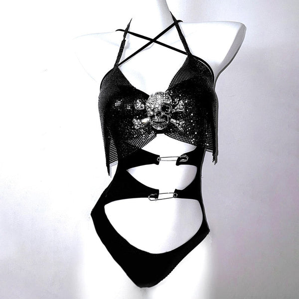 Hollow out skull applique backless cami bodysuit