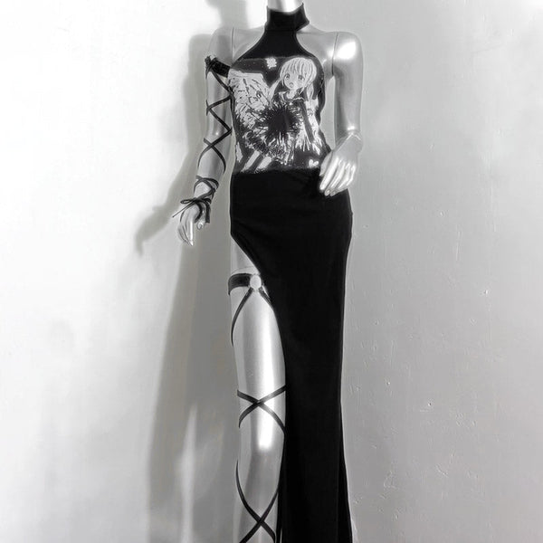 Halter slit portrait pattern backless maxi dress