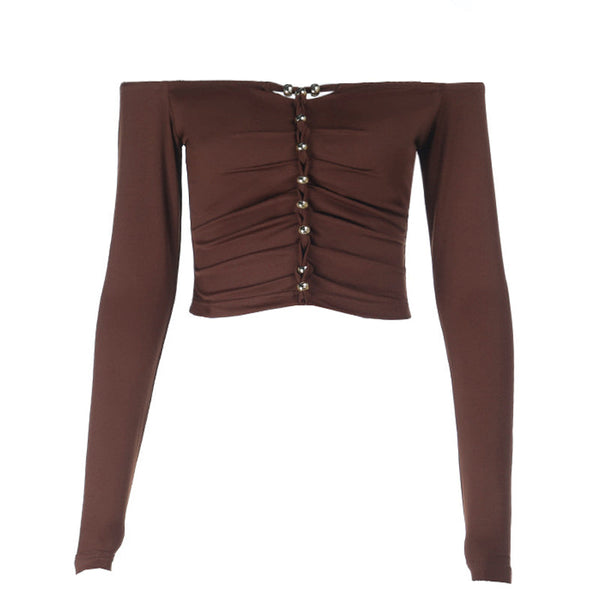 Off shoulder long sleeve hollow out beaded top