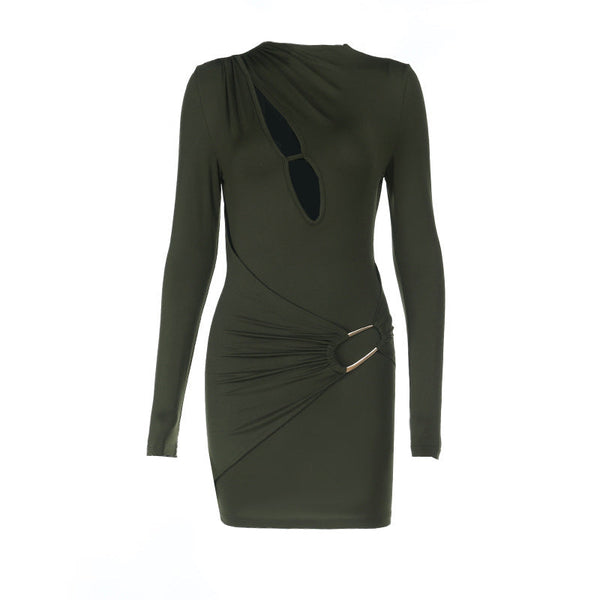 Long sleeve hollow out crewneck solid mini dress