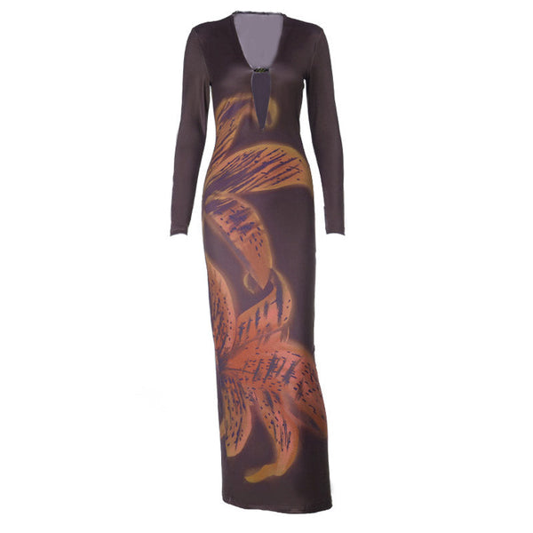 Hollow out beaded long sleeve print maxi dress