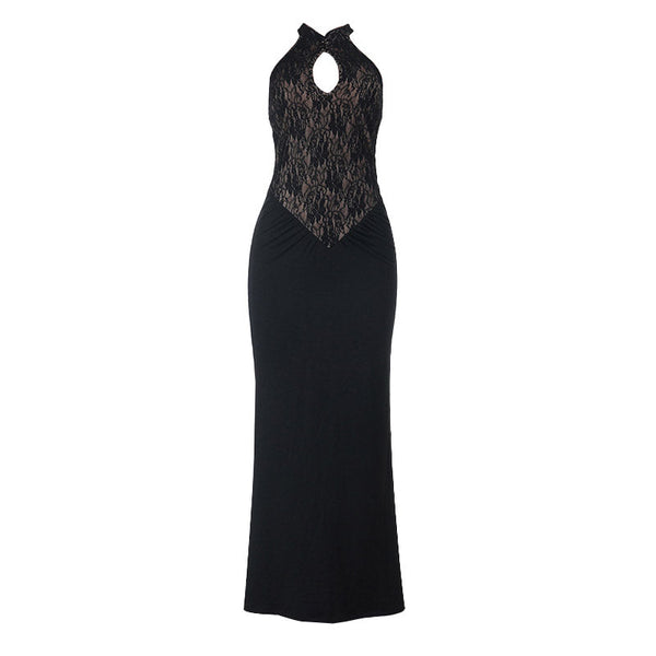 Halter hollow out ruched lace maxi dress