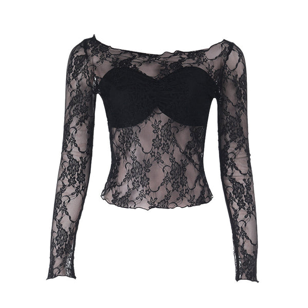 Long sleeve lace round neck solid top