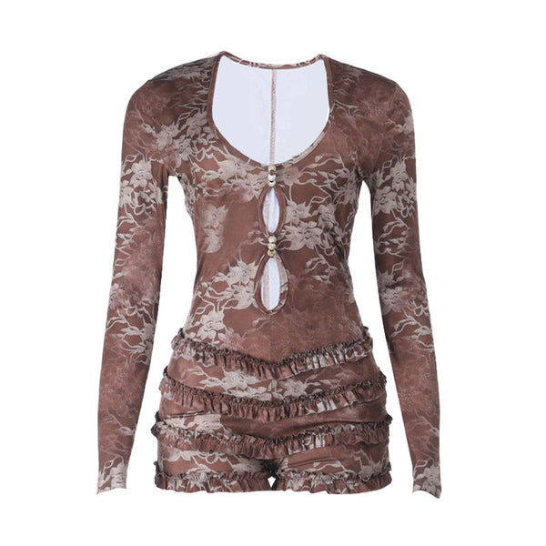 Ruffle long sleeve hollow out print romper