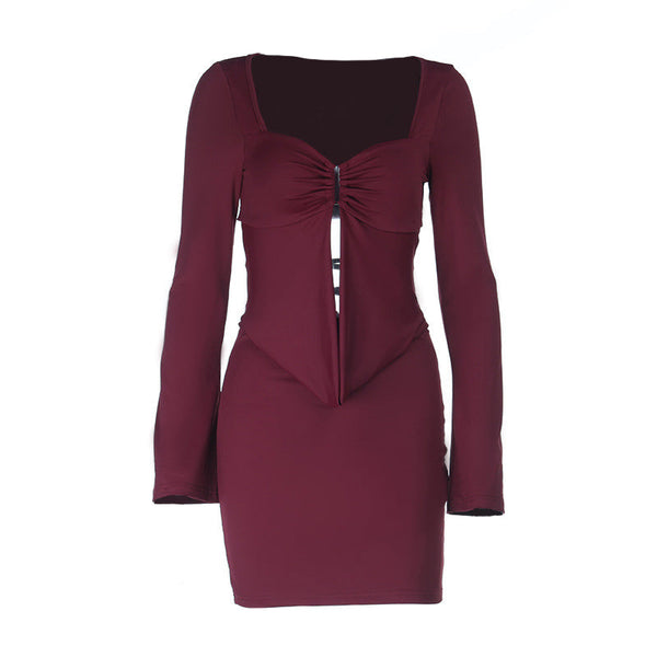 Ruched long sleeve v neck self tie mini dress