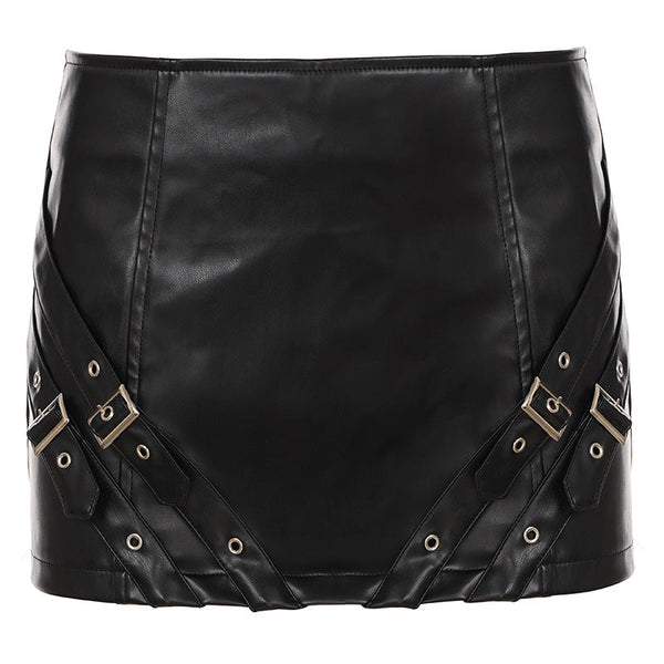 Buckle zip-up PU leather mini skirt