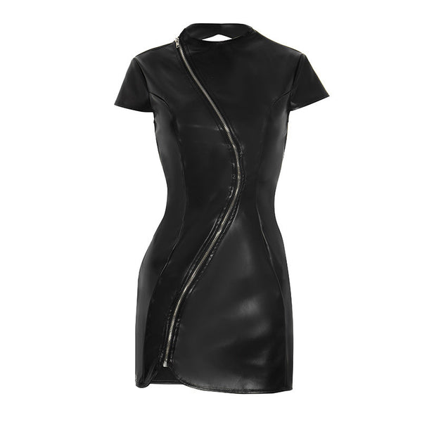 Crewneck PU leather zip-up short sleeve mini dress