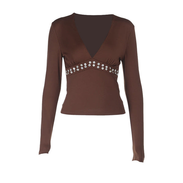 Long sleeve v neck button applique top