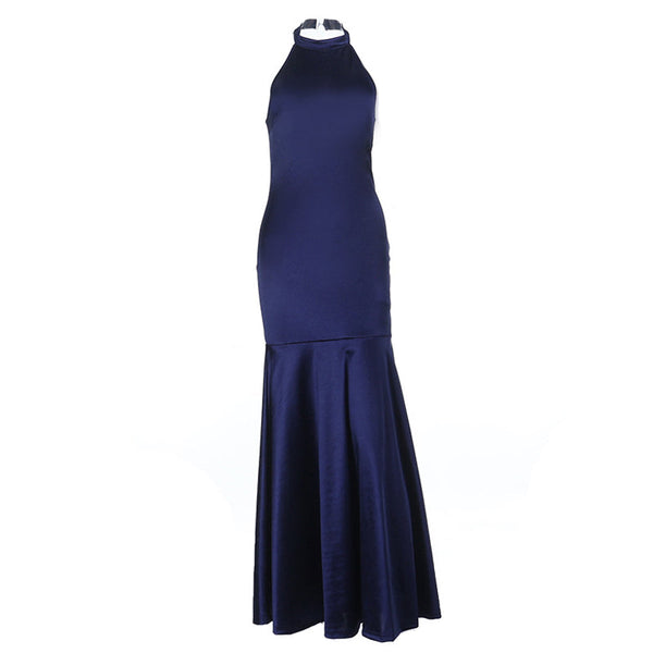 Halter satin backless zip-up maxi dress