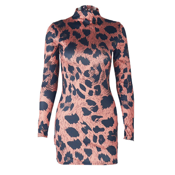 High neck leopard print long sleeve mini dress
