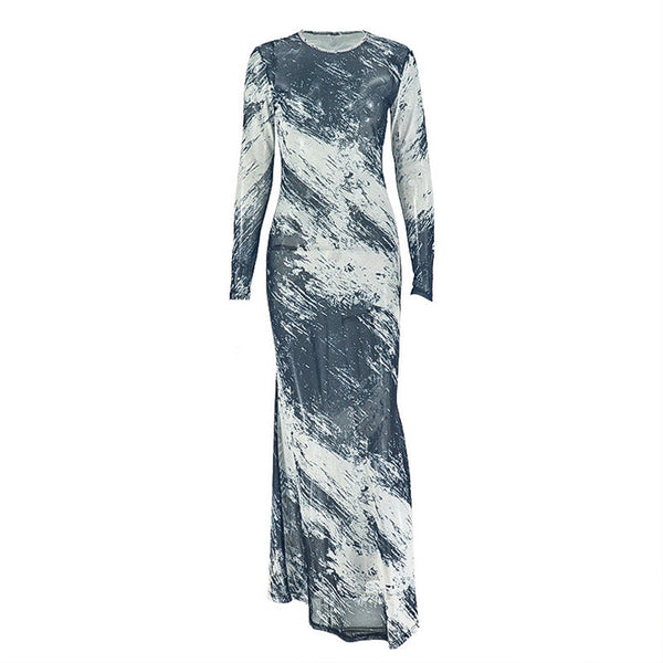 Long sleeve mesh crewneck contrast maxi dress